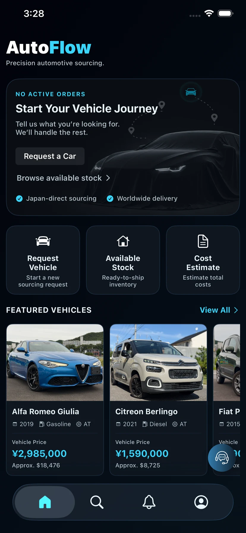 The AutoFlow home screen with vehicle requests, available stock, cost estimates and featured vehicles